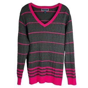 KAREN Scott  Women's Sweater Stripped Cable V-Neck Long Sleeve Size 1X Grey Pink
